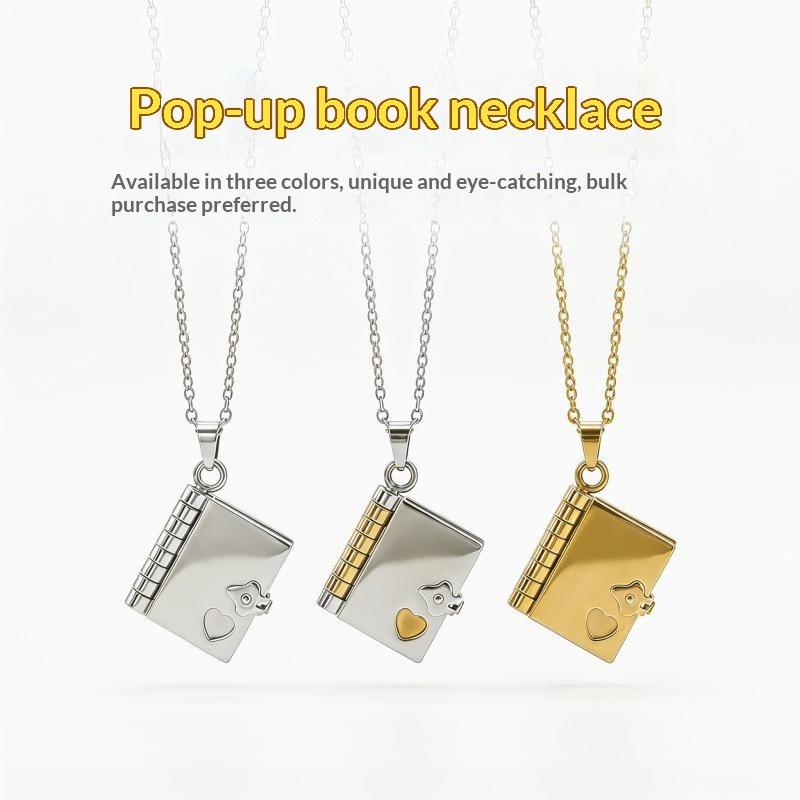 Custom Photo Book - 封筒型ネックレス カスタムテキストロケット 開閉式ブックペンダント カップル向けパーソナライズフォトアルバム セーターチェーンジュエリー 誕生日プレゼント